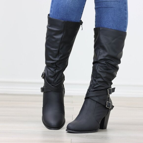 Black Mid Calf Block Heeled Boots Synthetic Leather Pointed Toe Womens - Picture 10 of 16